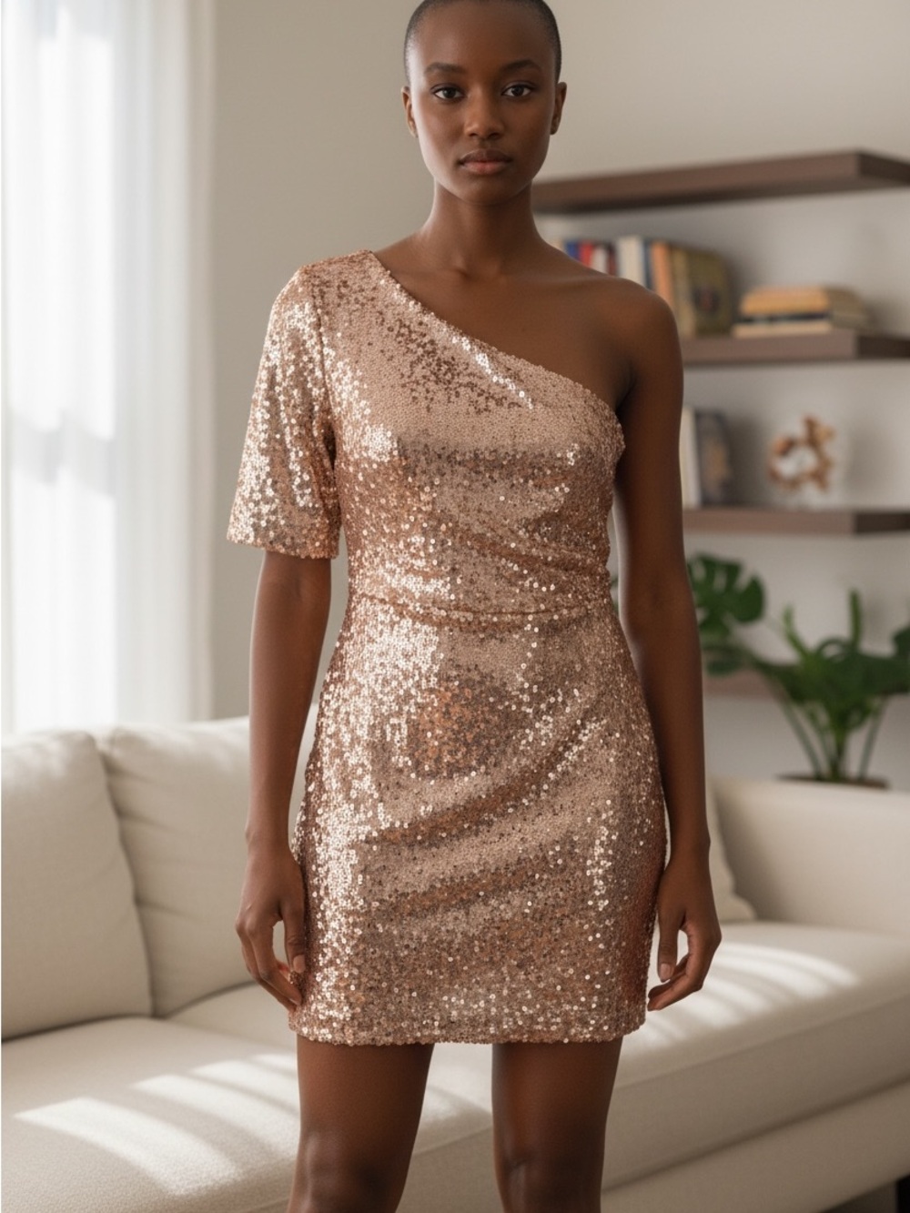 La Kore One-Shoulder Rose Gold Sequin Mini Dress-NWT
